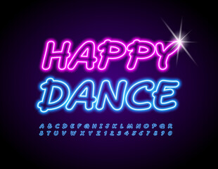 Vector Neon Banner Happy Dance. Glowing blue Font. Bright Artistic Alphabet Letters and Numbers set