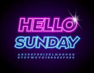 Vector Neon Poster Hello Sunday. Electric Blue Font. Trendy Glowing Alphabet Letters and Numbers