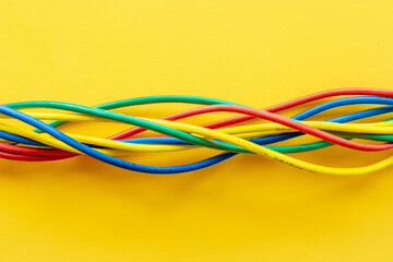 Colored electrical cables and wires, top view