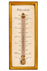 Ancient French thermometer with Fahrenheit scale and golden frame isolated on white