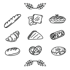 Set of isolated doodle elements. Bakery products. Ears of wheat. Icons: loaf, French baguette, croissant, pie, toast, pretzel and roll. Black and white image of food.