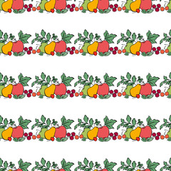 Seamless pattern from drawn ripe apple,pears,cherries and leaves