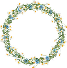 Obraz premium Vector drawing of floral wreath from drawn wild blue cornflowers and white chamomiles