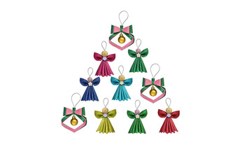 Christmas tree made of Christmas toys, angels and pendants on a white background. Design element. New year concept. foam crafts