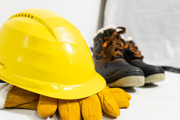 Construction helmet, gloves and shoes. 
Workwear.