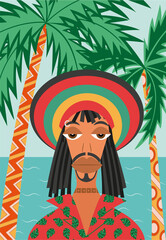 Rastaman on the sea view background. Character vector illustration.