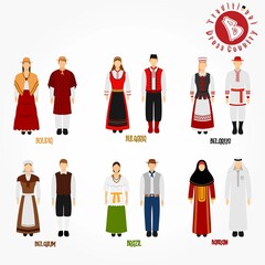 Set of alphabet "B" cartoon characters in traditional clothes