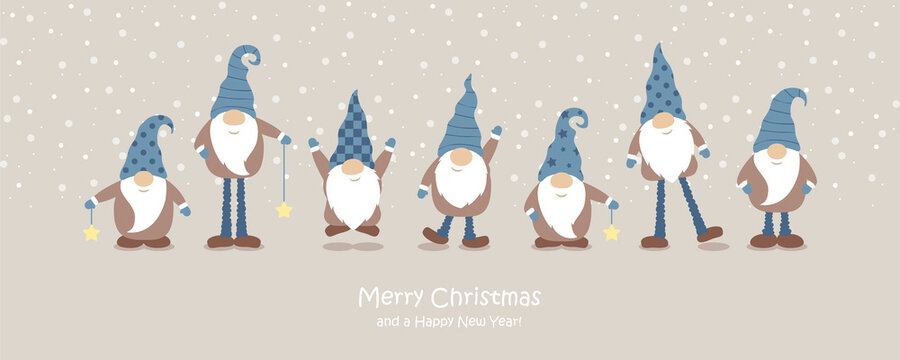 christmas greeting card with cute christmas dwarf and snowy landscape