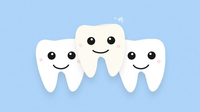 Animation. Three teeth, one of them yellow, eventually becomes white and clean