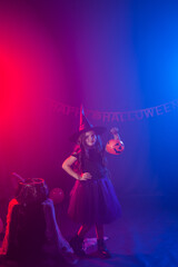 Little girl holds pumpkin jack on Halloween holiday. Kid girl wear witch costume. Fantasy, fairy tale and masquerade concept.