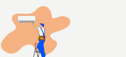 Service and repair of air conditioners. The repairman on the background of a properly functioning air conditioner. illustration in cartoon style