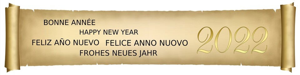 Greeting card with text Happy New Year 2022 in different languages 