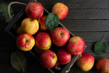 Apples in wooden crate harvest concept on wooden table top view