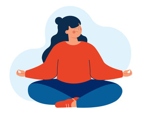 A young woman sitting in a lotus yoga pose. The girl is sitting cross-legged in a yoga pose on the floor and meditating with her eyes closed.  The concept- of a positive body and health care.