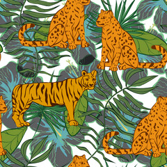 Cartoon Tiger and Leaves Vector Seamless Pattern.