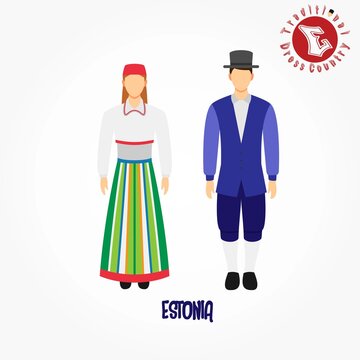 Set of alphabet "E" cartoon characters in traditional clothes.