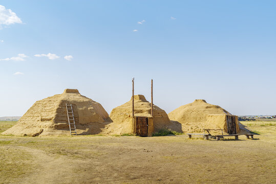 Arkaim, Russia - August, 24, 2021: Archaeological reconstruction of a Stone Age dwelling, exterior