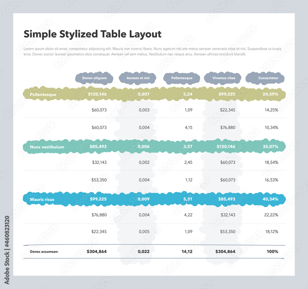 Poster Simple stylized advanced table layout with the total sum row and place for your content. Flat design, easy to use for your website or presentation.