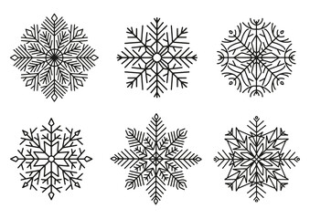 Set of elegant linear snowflakes as Christmas design elements. Snowflake icon set as happy new year and Christmas decoration. Snowflakes isolated on white. 