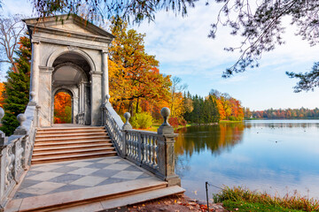 Marble bridge and Grand pond in autumn in Catherine park, Pushkin (Tsarskoe Selo), Saint...