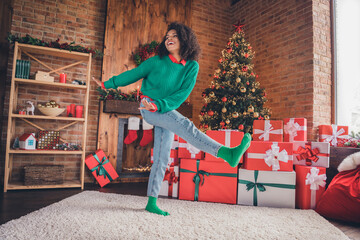 Full length body size view of attractive cheerful funny girl dancing having fun advent day at decorated home house indoors