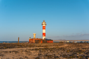 Faro Toston, Punta Ballena near the town of El Cotillo, Fuerteventura island, Canary Islands. Spain