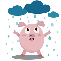 cute little pink pig is standing and enjoying the rain