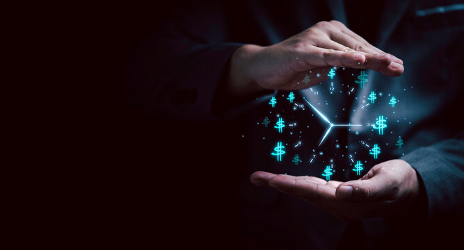 Hand protect to virtual clock with dollar sign on dark background for time and money management concept.