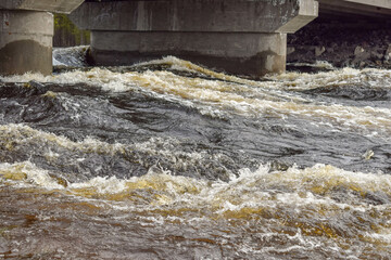 Fototapeta premium A stormy river, overflowing its banks, flows under a concrete bridge.