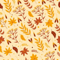 Seamless autumn pattern with yellowed leaves, herbs and flowers in orange tones on a beige background, flat style. For wallpaper, printing on fabric, wrapping, background, clothes