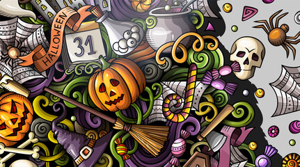 Cartoon cute colorful vector hand drawn doodles Halloween banner