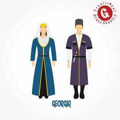 Set of alphabet "G" cartoon characters in traditional clothes.