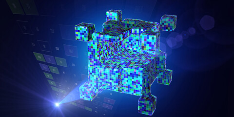 Big data. Abstract technology background with color grid of poly cube and spot.  Analytics algorithms data.  Quantum cryptography concept.  Banner for business, science and technology.