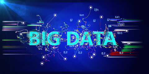 Big data. Abstract background with chaotic  lines and  wireframe big data text . Analytics algorithms data.  Quantum cryptography concept. Banner for business, science and technology.