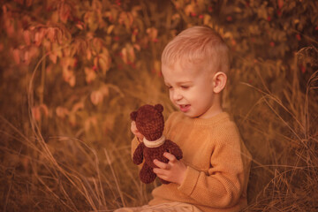 Autumn. Kid in autumn clothes. Portrait of a boy. On the Sunset. A boy holding a toy teddy bear in his hands
