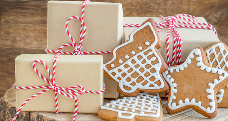 Christmas gift boxes and gingerbread cookies