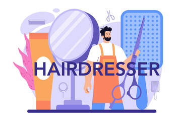 Hairdresser typographic header. Idea of hairdressing in salon. Scissors
