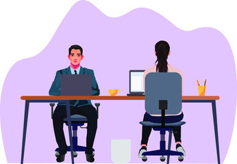 coworking space with creative people sitting at the chair business team working together at the big desk using laptops vector illustration charactors