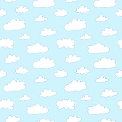 Vector hand-drawn color seamless childish simple pattern for kids with cute clouds in Scandinavian style on a blue background. Baby pattern with clouds. Fabric design. Wallpaper.