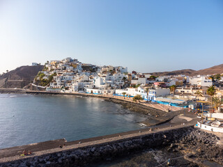 Aerial view of the coastal town of Las Playitas, east coast of the island of Fuerteventura, Canary Islands. Spain