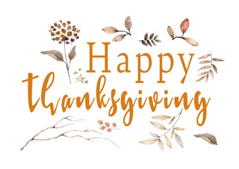 Happy Thanksgiving Day celebrations greeting card design with hanging maple leaves and flowers on grey background.
