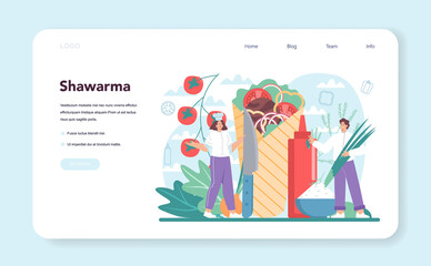 Shawarma street food web banner or landing page. Chef cooking delicious