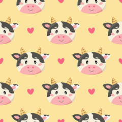 Seamless pattern with cute cartoon cows and hearts isolated on yellow background