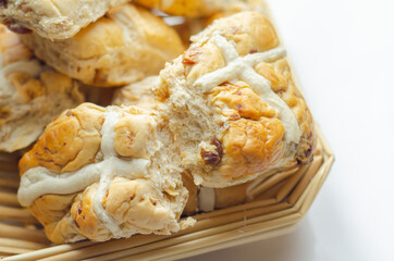 Traditional hot cross buns, bread with characteristic decoration in the shape of a cross