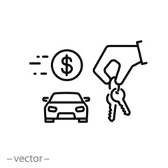 give key in hand icon, rental or hire car, agent broker, auto sale or rent, dealer, thin line symbol on white background - editable stroke vector illustration eps10