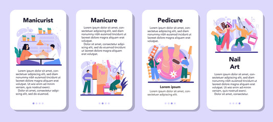 Manicurist service mobile application banner set. Beauty salon worker