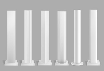 Poles metal. Pillars for urban advertising sign and billboard metallic. Polish steel columns in different section shapes. Road sign post, street light and flags construction vector 3d set