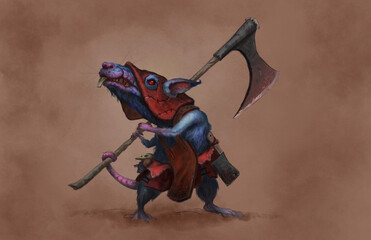 Digital painting of a rat executioner character with red hood and giant ax on aged paper background for spot book interior - fantasy illustration
