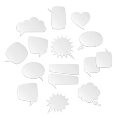 Speech bubbles white. Bubble symbols, mental text, origami bubble different forms square and round, heart and star. Retro comic dialogue and discussion clouds, comment copy space, vector set