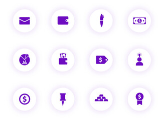 business purple color vector icons on light round buttons with purple shadow. business icon set for web, mobile apps, ui design and print